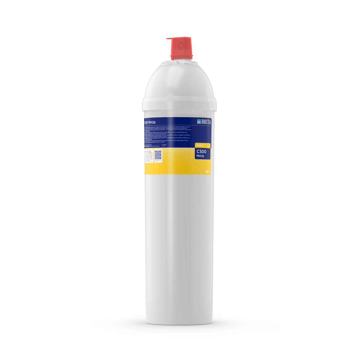 Front view of BRITA PURITY C500 MinUp filter cartridge with white housing, blue-yellow label and red cap