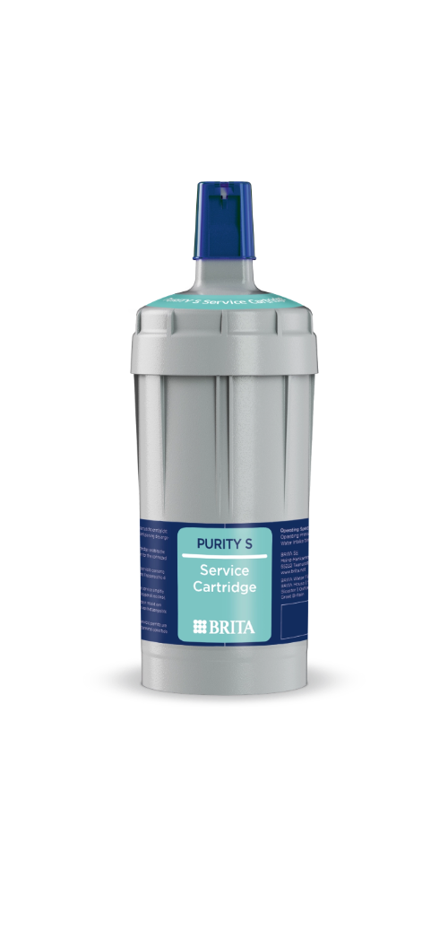 A gray BRITA PURITY S service cartridge filter with a blue cap and a light blue and navy label, shown on a white background.