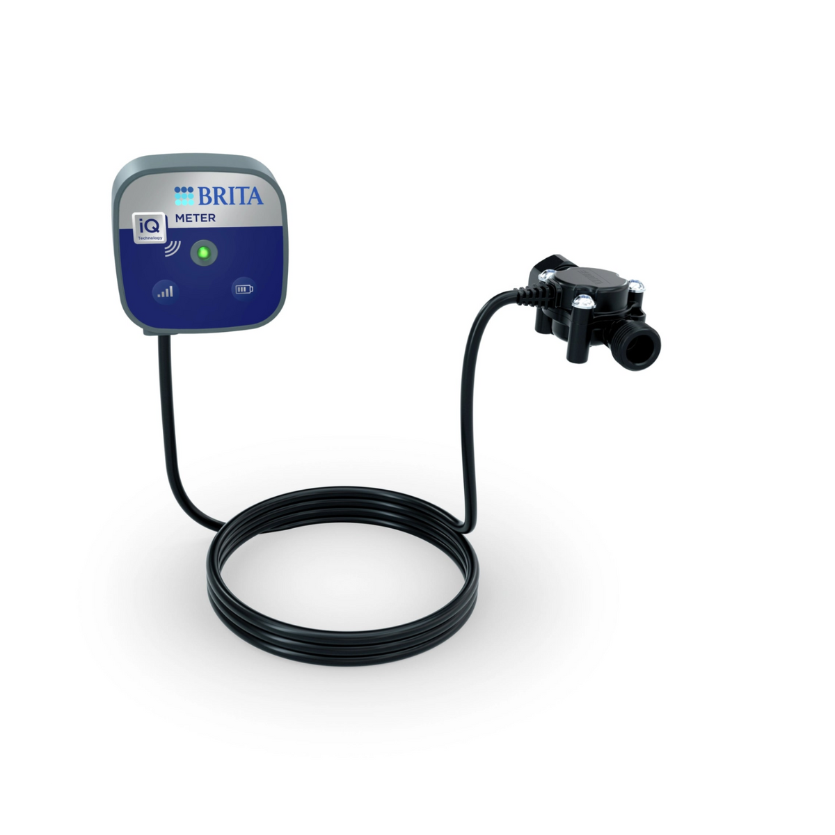 BRITA iQ Meter device with blue front panel, LED indicator, connected cable, and flow sensor for professional water filtration systems.